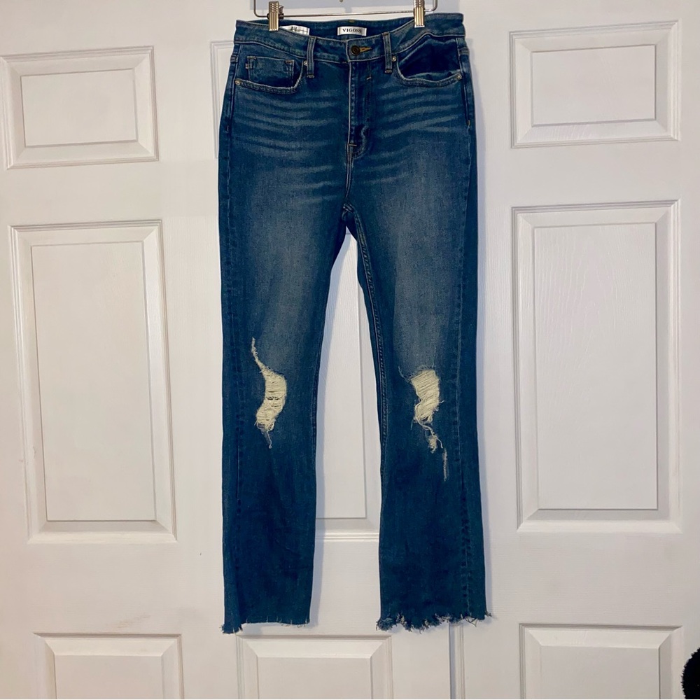 Vigoss Ace Straight Medium to Dark Blue Distressed Raw Hem Jeans
